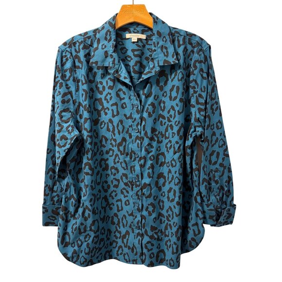 Chicos Teal & Black Leopard Print Button-Up Shirt Size 14 women shirt - Picture 3 of 12